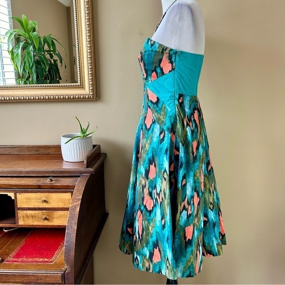 Anthropologie Girls From Savoy Teal Painted Ikat Strapless Dress Southwest Sz 4 - Picture 5 of 15